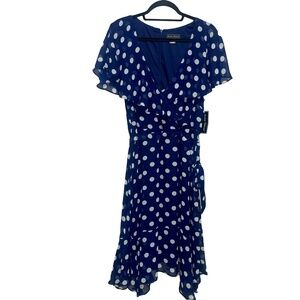 Jessica Howard Women's Ruffled Navy/White Polka Dot Dress Sz 16 NWT